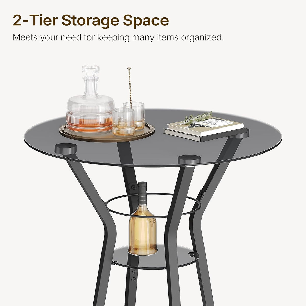 yatiney bar table, 2-tier round high top table showing dimensions