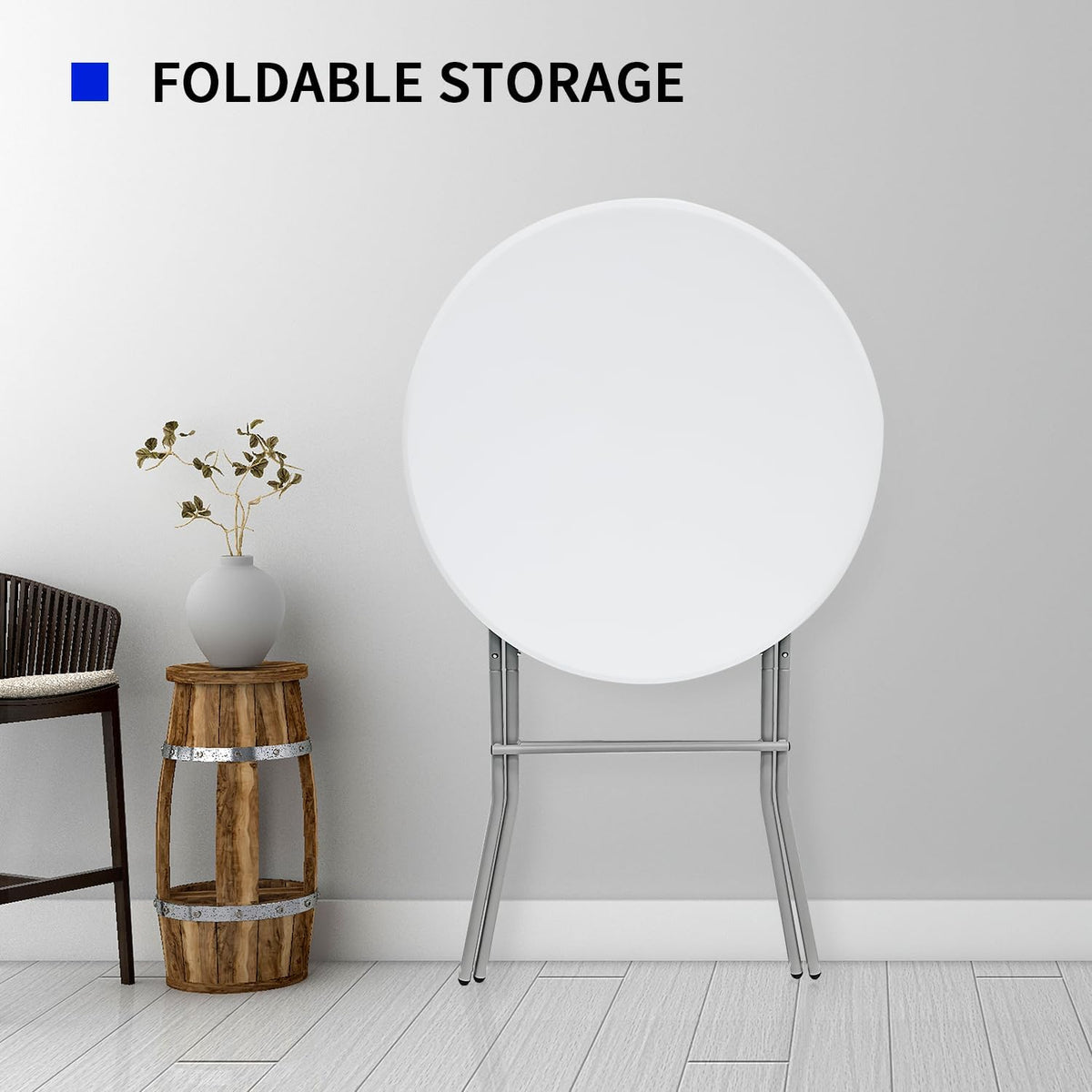 31.5" L X 31.5" W X 43" H - Cocktail Table White High Top Folding Table, Portable Bar Height Folding Table Round with Detachable Gray Legs