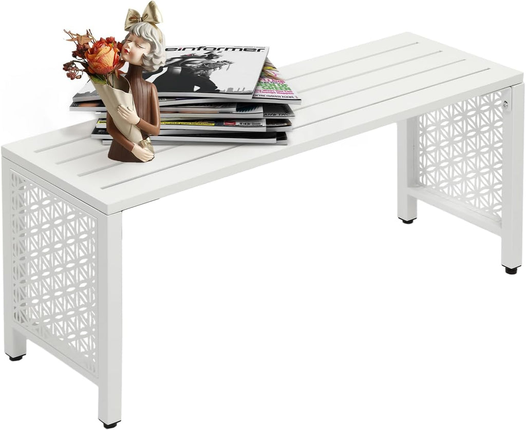 VINGLI 40in Outdoor Metal Bench, All-Weathe Backless Patio Bench with Slatted Seat＆Floral Side Panels, Rust-Resistant Garden Bench, Weatherproof Outdoor Seating for Porch Entryway Backyard (White)