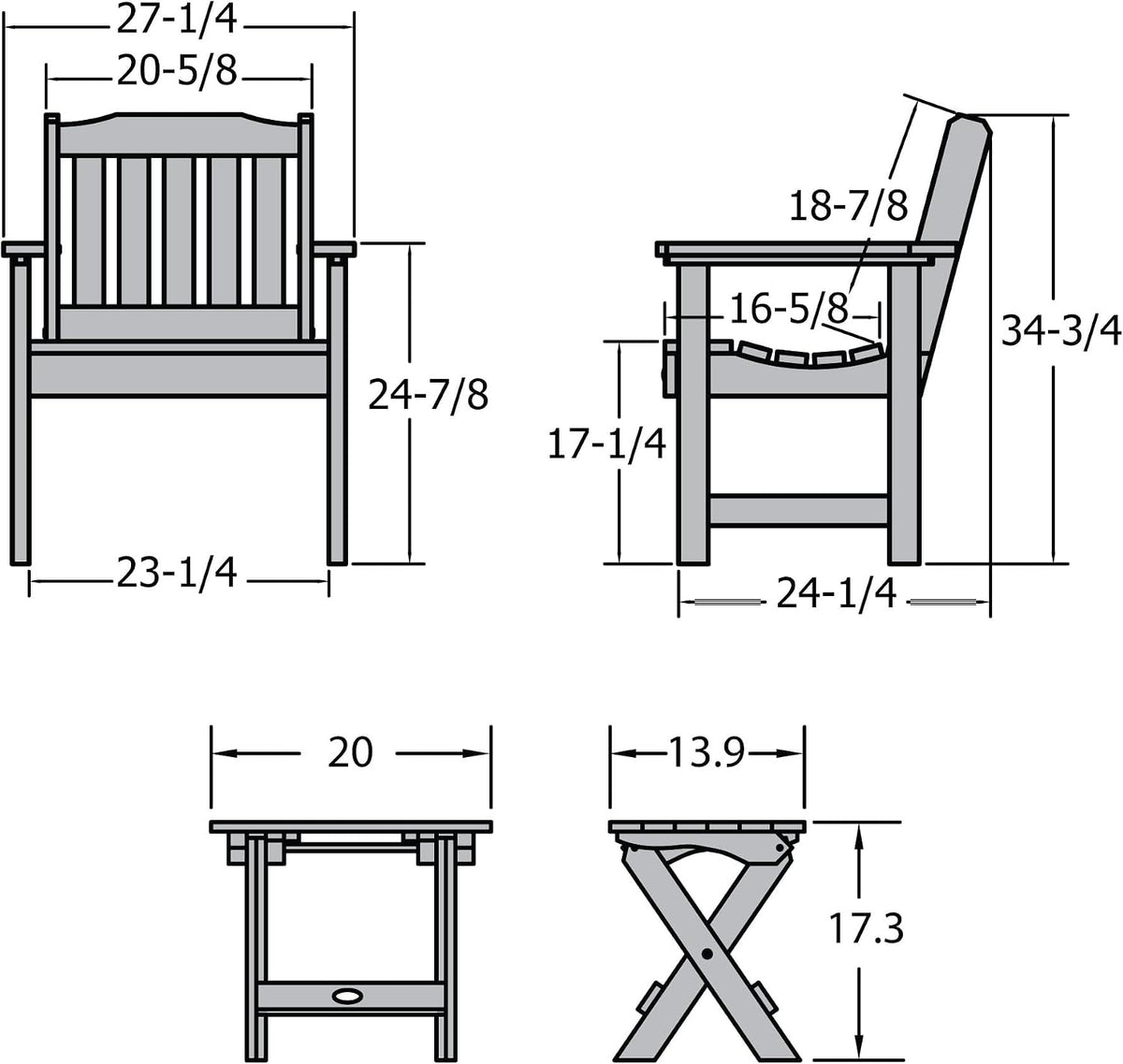 highwood Lehigh (2) Garden Chairs with Folding Side Table, Weathered Acorn
