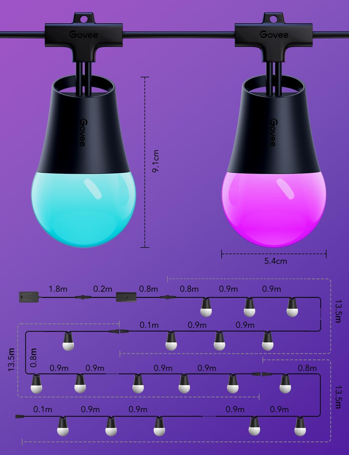 Govee Smart Outdoor String Lights 2, 144ft RGBIC Patio Lights with 45 Bulbs