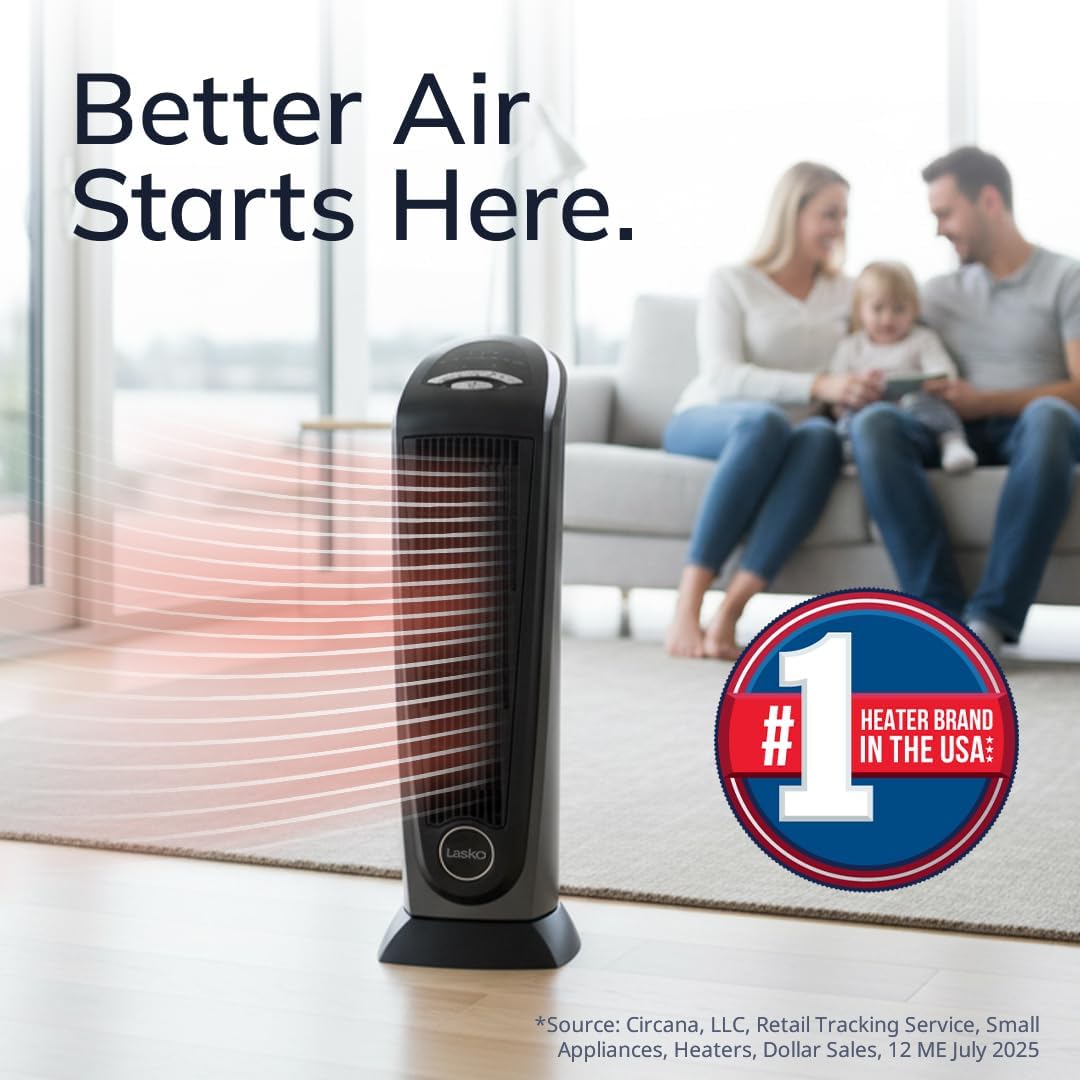 Lasko 1500W Ceramic Tower Space Heater with Remote, Thermostat, Timer & Widespread Oscillation, Portable Electric Heater for Indoor Use, Bedroom & Living Room, 751320