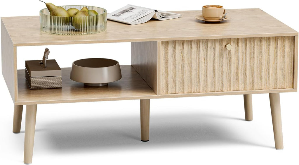 LCRBOL Coffee Table with Fluted Drawer, Modern, Oak