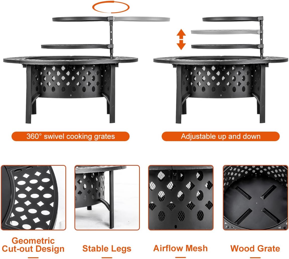 OutVue 36 Inch Fire Pit with 2 Grills,Wood Burning Fire Pits for Outside