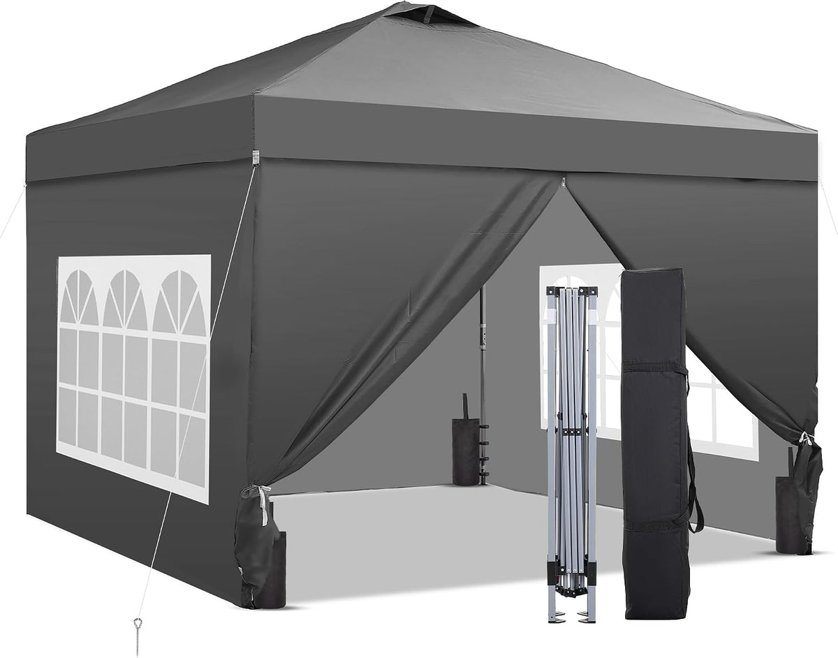 10x10ft Pop-Up Canopy Tent with 4 Side Walls — Easy Setup, Outdoor Portable Gazebo with 4 Ropes, 8 Stakes, 4 Sandbags and Handbag, for Patio, Camping and Picnic, Gray