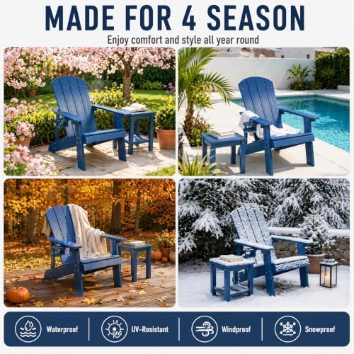 Adirondack Chairs Set of 2, Outdoor Adirondack Chair with Cup Holder, HDPE Patio Chairs, Waterproof, Fade-Proof Fire Pit Chairs for Yard & Garden, Blue