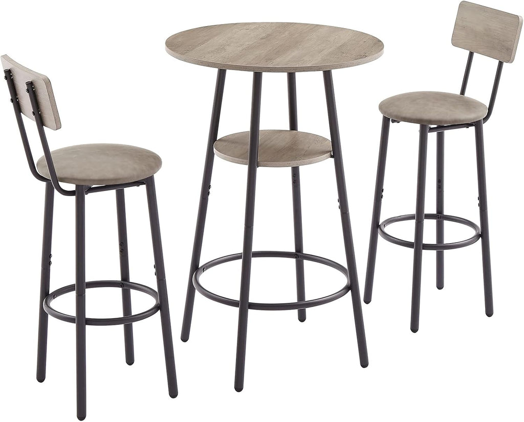 GNIXUU 3 Piece Bar Table Set, 2-Tier Round Pub Dining Set Wooden Bistro Table with 2 PU upholstered Stools Counter Height Kitchen Table Set for Breakfast Nook, Restaurant, Small Space(Grey)