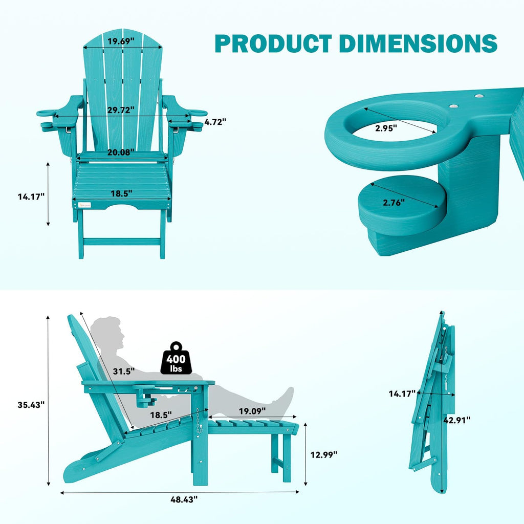 Mdeam HDPE Folding Adirondack Chair, 3-Level 400 lbs Cup Holders,Aruba Blue
