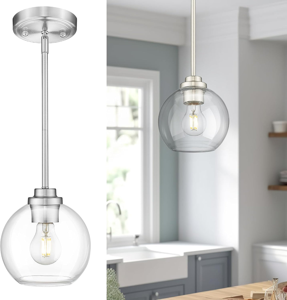 7-Inch Brushed Nickel Pendant Light,Clear Globe Glass,PL101BN