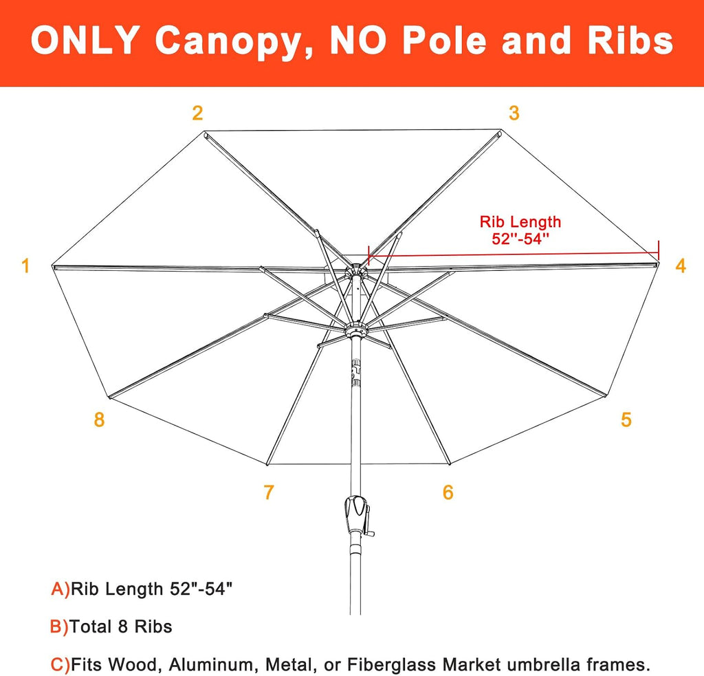 MASTERCANOPY 5-Year-Non-Fading Olefin 9FT Patio Umbrella Replacement Canopy-Orange Canopy Only