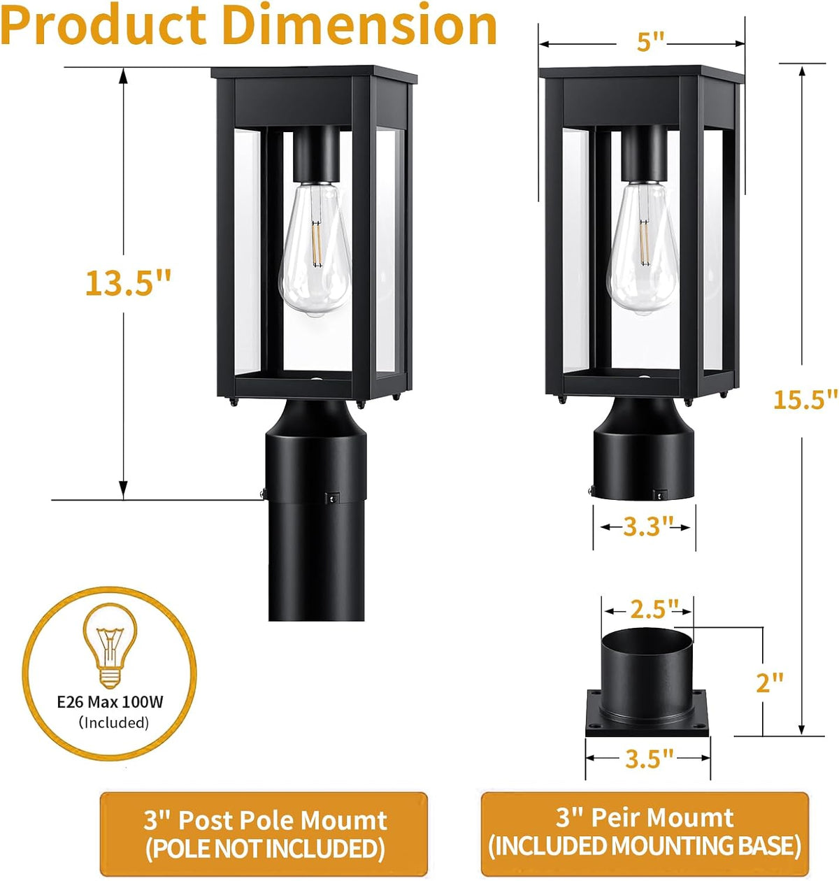 15.5'' Outdoor Solar Post Light, Dusk to Dawn Solar Lamp Post, Black