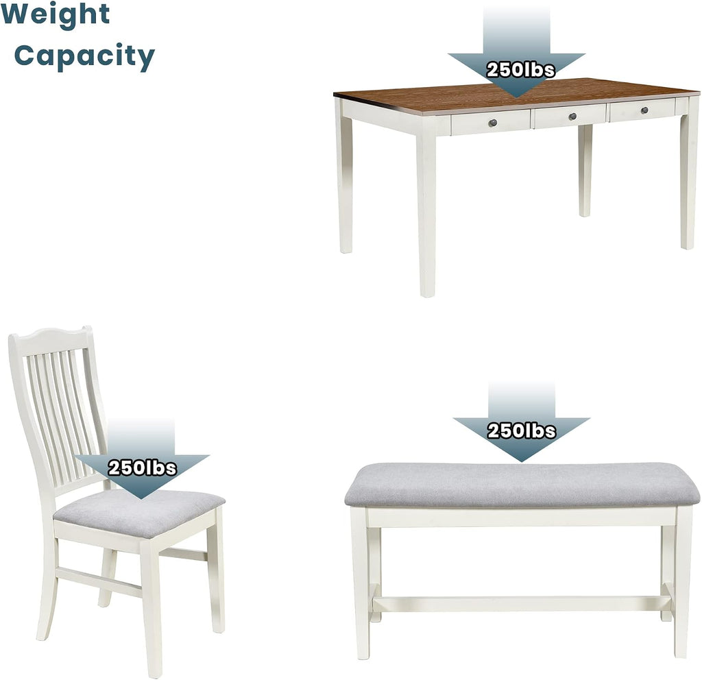 LUMISOL 6-Piece Dining Table Set with Bench, Farmhouse Solid Wood Kitchen Table Set with Bench, 4 Upholstered Chairs & Storage Drawers for Kitchen, Dining Room, Living Room, Butter Milk
