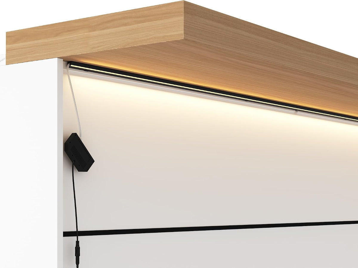 82.7" Large Bar Table Kitchen Station, Home Bar Unit with Lighting, 3 Drawers & 4 Shelves, Bar Cabinets Reception Desk for Home Pub Kitchen Storage, White