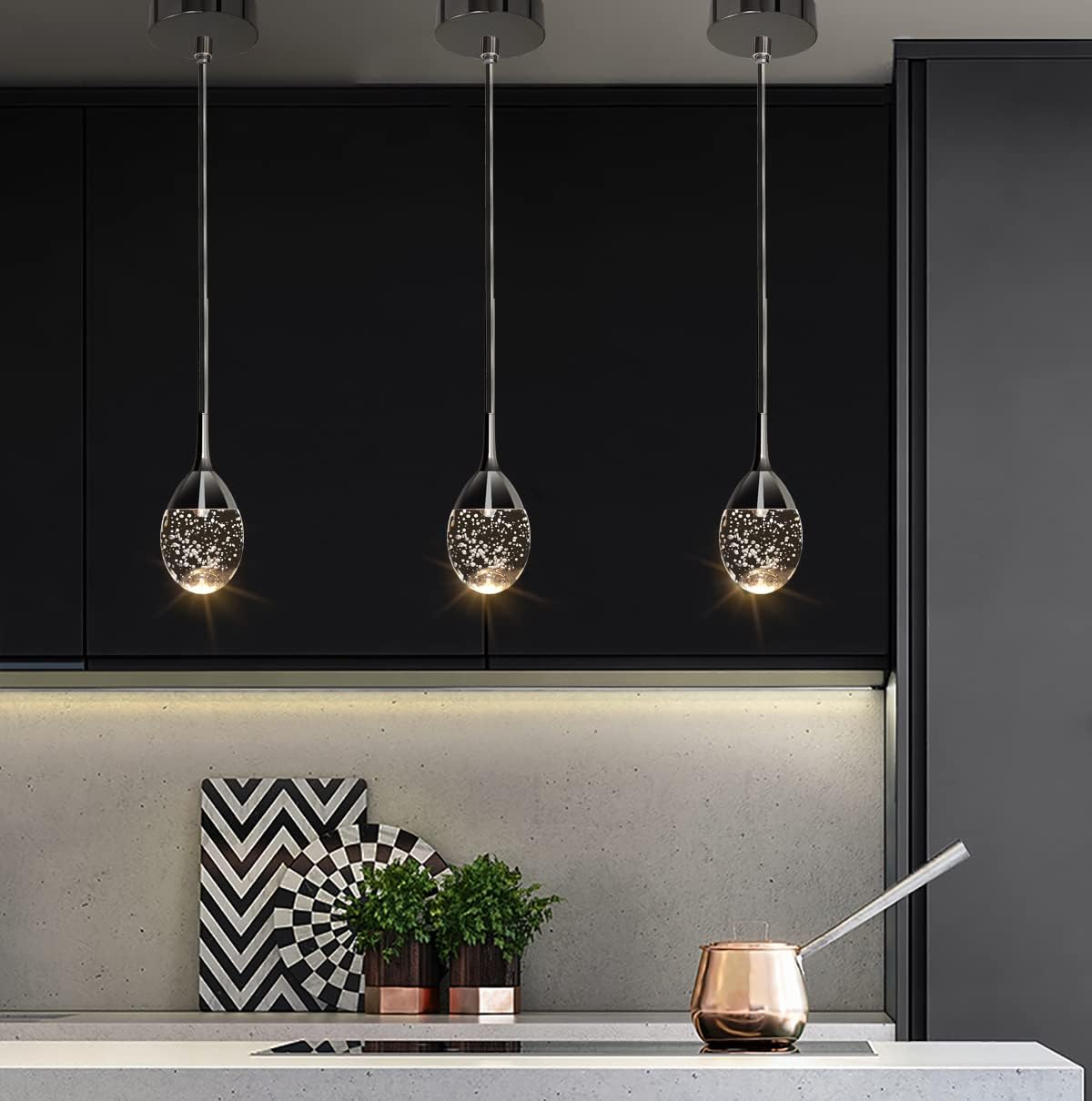 Teardrop Crystal Pendant Light, Black Hanging Ceiling Lighting Fixtures, Modern LED Bubble Kitchen Bar Lights Dimmable with Adjustable Metal Rods for Bathroom Dining Room