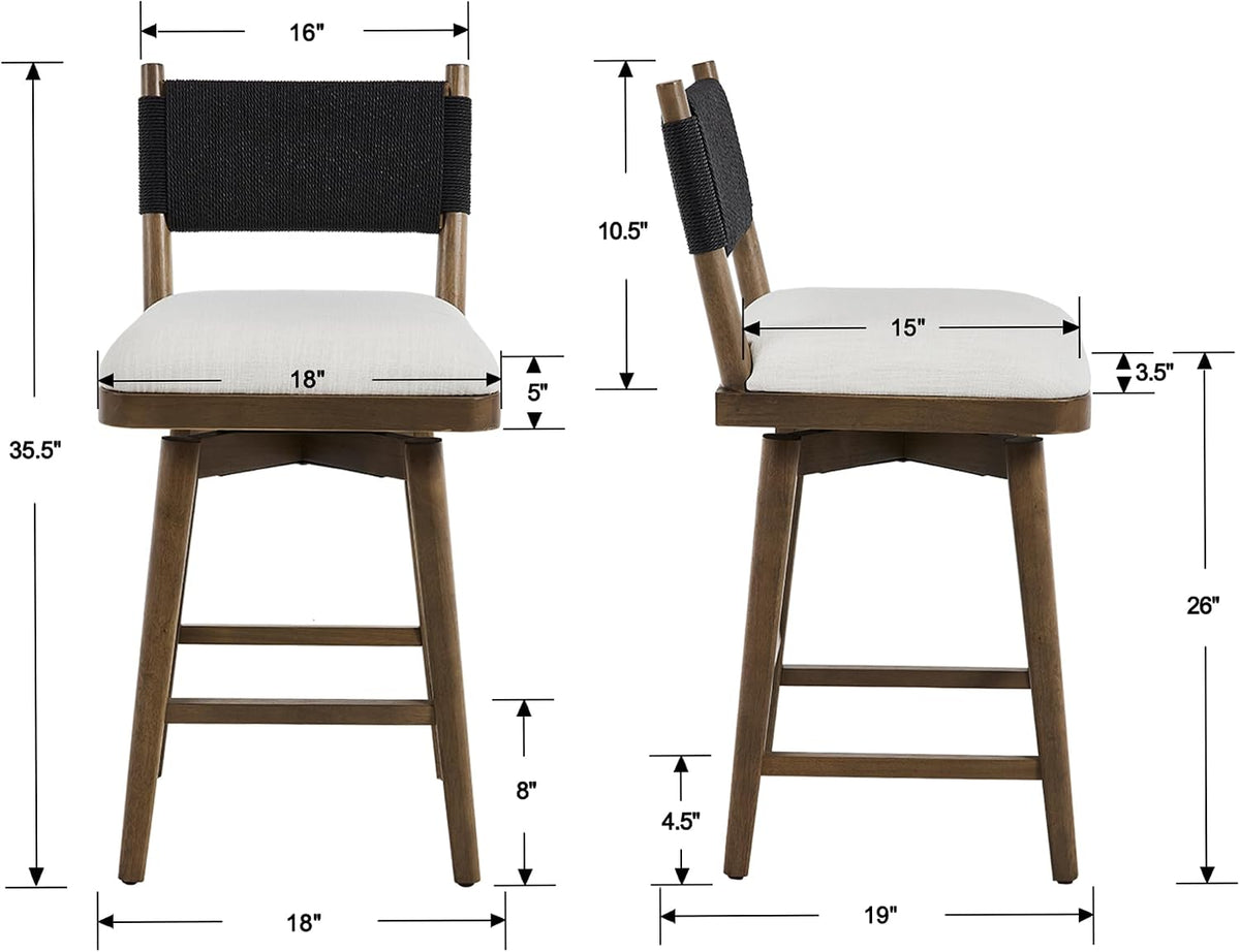 Swivel Counter Stools Set of 4, Linen Fabric Upholstered Kitchen Stool Chairs with Woven Rope Back and Solid Wood Legs, Rustic Armless Barstools 26" for Patio/Balcony, Black Rope