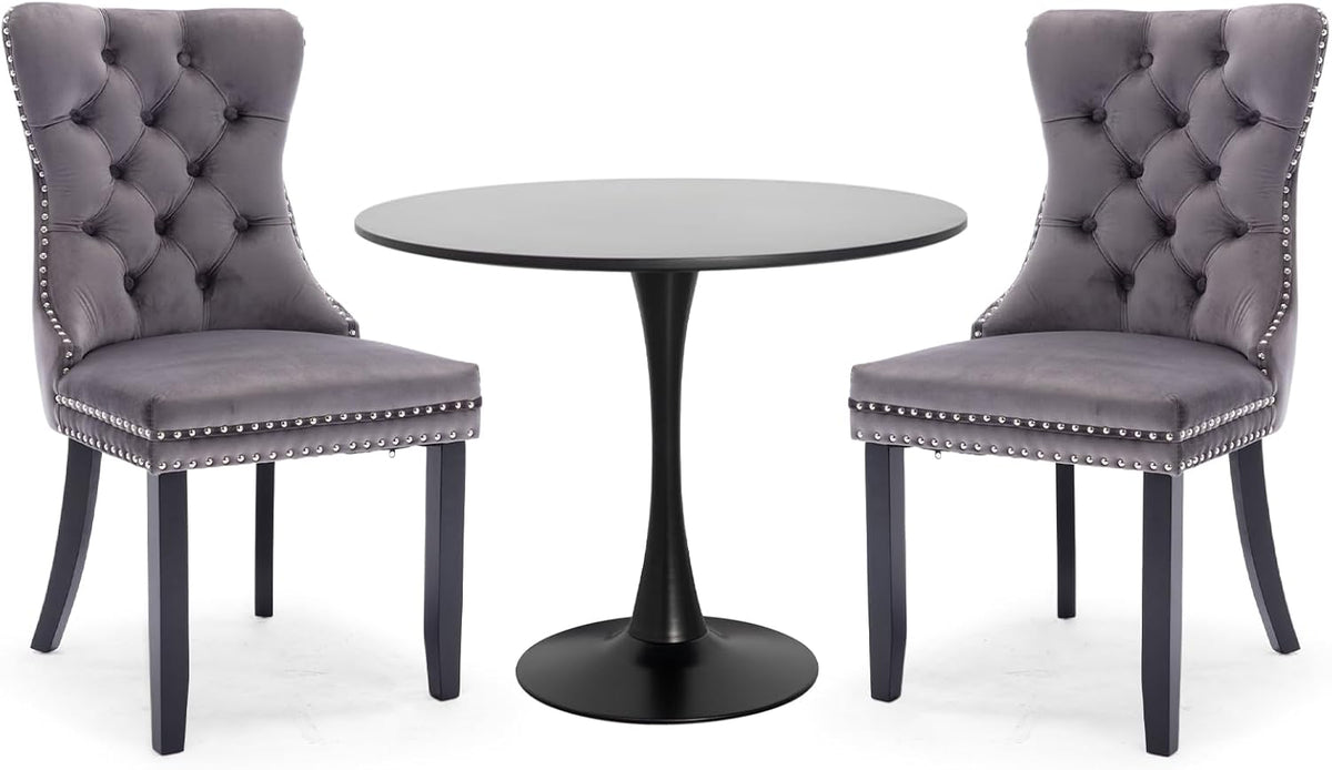 3-Pieces Dining Sets, 31.5" Round Dining Table Set with 2 Velvet Upholstered Dining Chairs,Wooden Legs Design for Kitchen Dining Room Apartment Small Space(1 Black Table with 2 Grey Chairs)