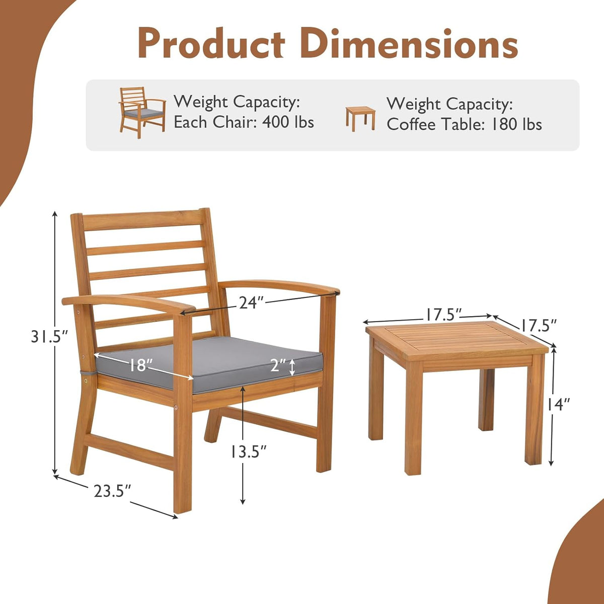 Tangkula 3 Pieces Outdoor Furniture Set, Acacia Wood Conversation Set with Soft Seat Cushions, Stable Acacia Wood Frame, Patio Sofa & Coffee Table Set for Backyard, Porch, Poolside (Grey)