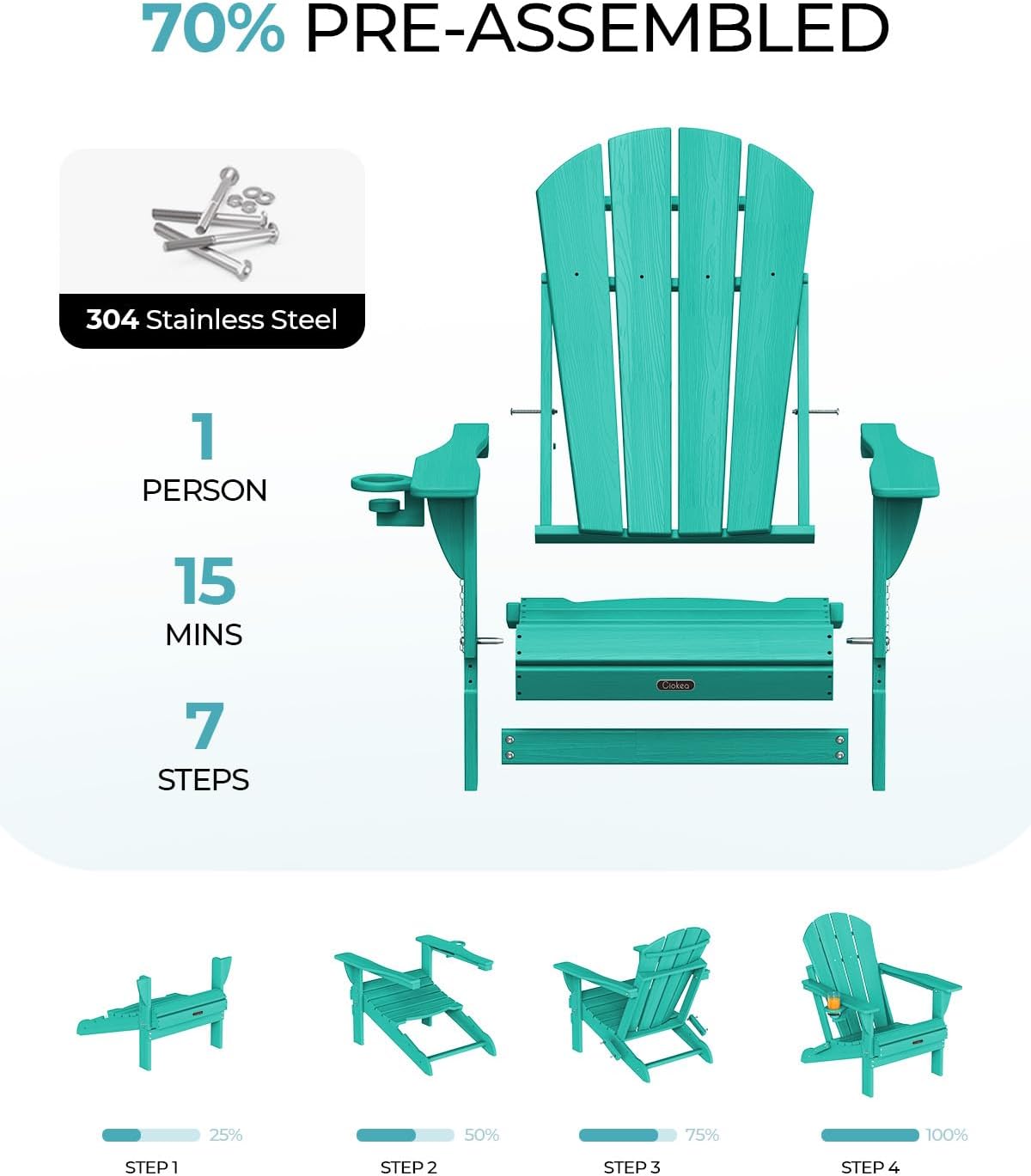 Ciokea Folding Adirondack Chairs Set of 4 HDPE All-Weather, Lake Blue