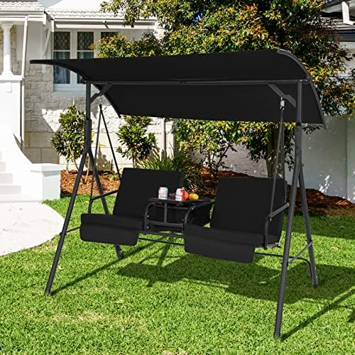 Tangkula 2 Person Porch Swing with Cooler Bag, Black