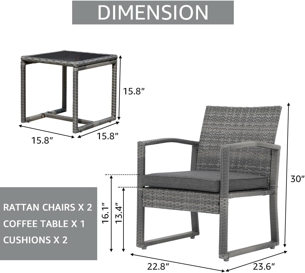 Patiorama 3 Piece Patio Furniture Set, Wicker Conversation Set-Dark Grey