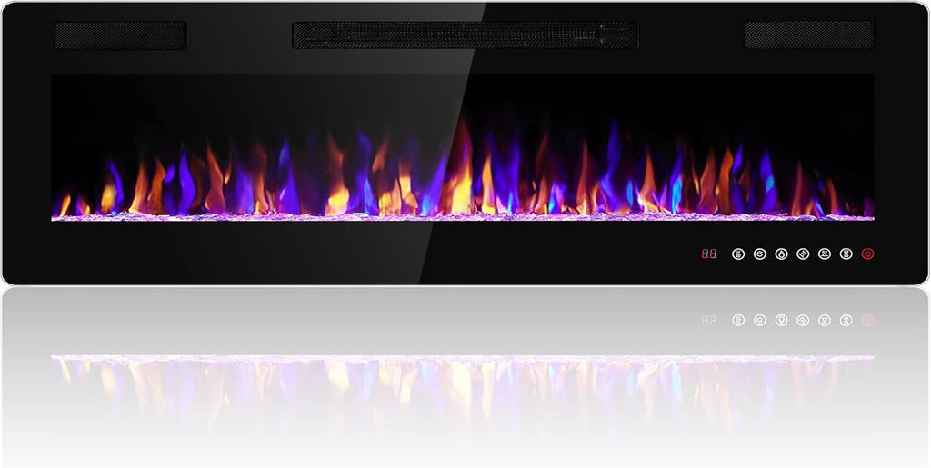 Electactic 50 Inch Electric Fireplace Insert Ultra-Thin - Recessed & Wall-Mounted Fireplace Heater with Thermostat, Adjustable Flame, Remote Control - Linear with Timer, Touch Screen, 750/1500W
