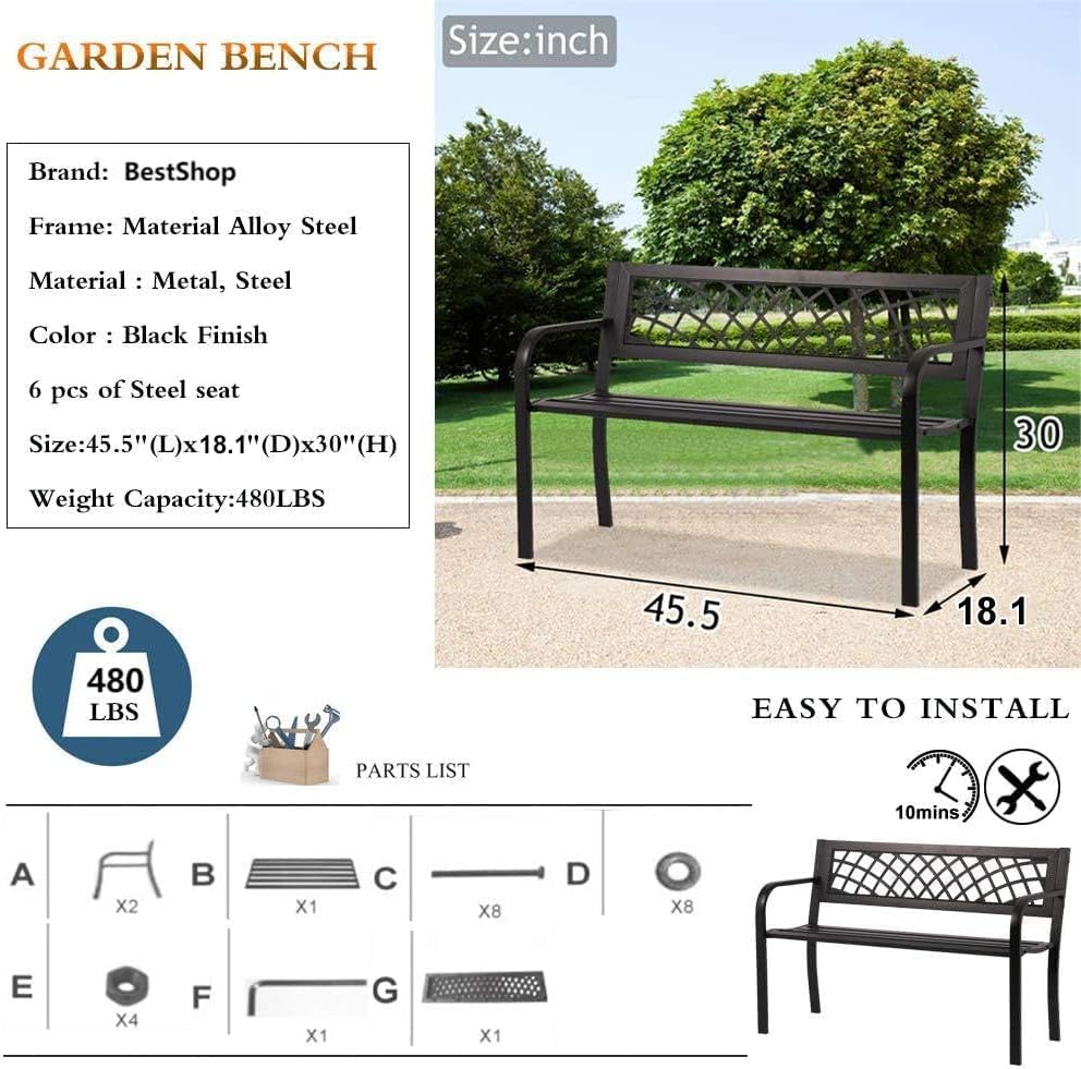 Patio Bench, Outdoor Metal Garden Bench with Armrest, Black