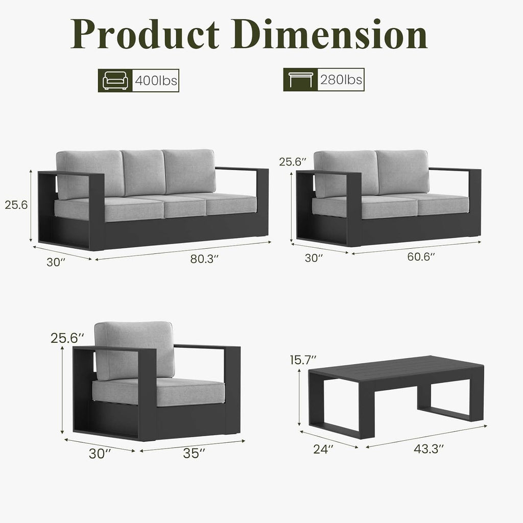 LayinSun 5 Piece Oversized Aluminum Outdoor Furniture Set with Coffee Table
