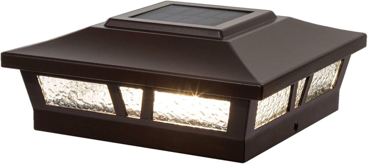 Classy Caps Oxford Solar Post Cap - Fits 6"x6", 5.5"x5.5", and 5"x5" Deck & Fence Posts - Heavy-Duty Brown Cast Aluminum & Glass