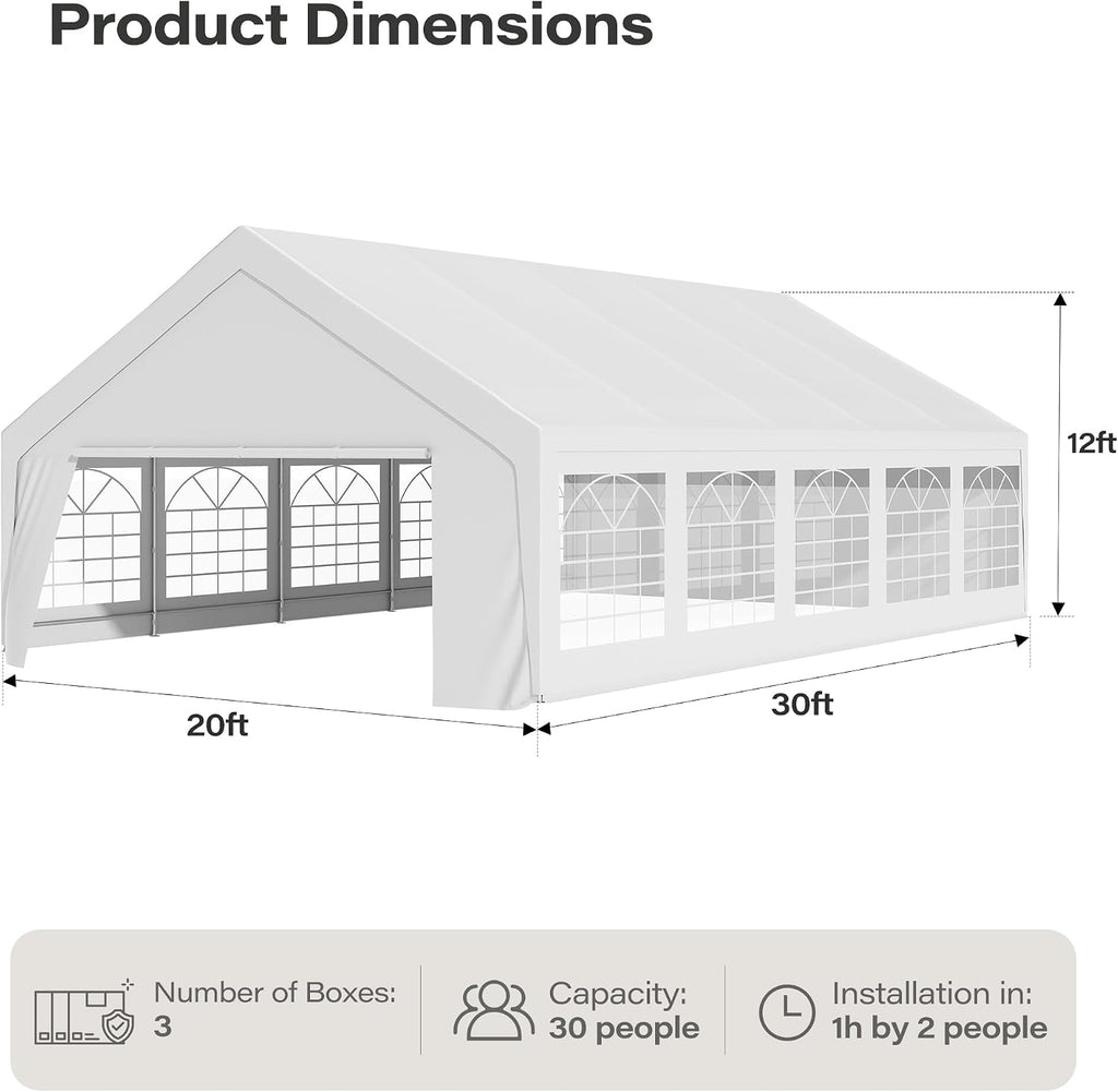 LAUSAINT HOME 20x30 Party Tent, Heavy Duty Waterproof Canopy with Removable Sidewalls & Roll-Up Door, Large White Event Shelter with Steel Frame for Wedding, Backyard, BBQ, Camping, for 35–60 People
