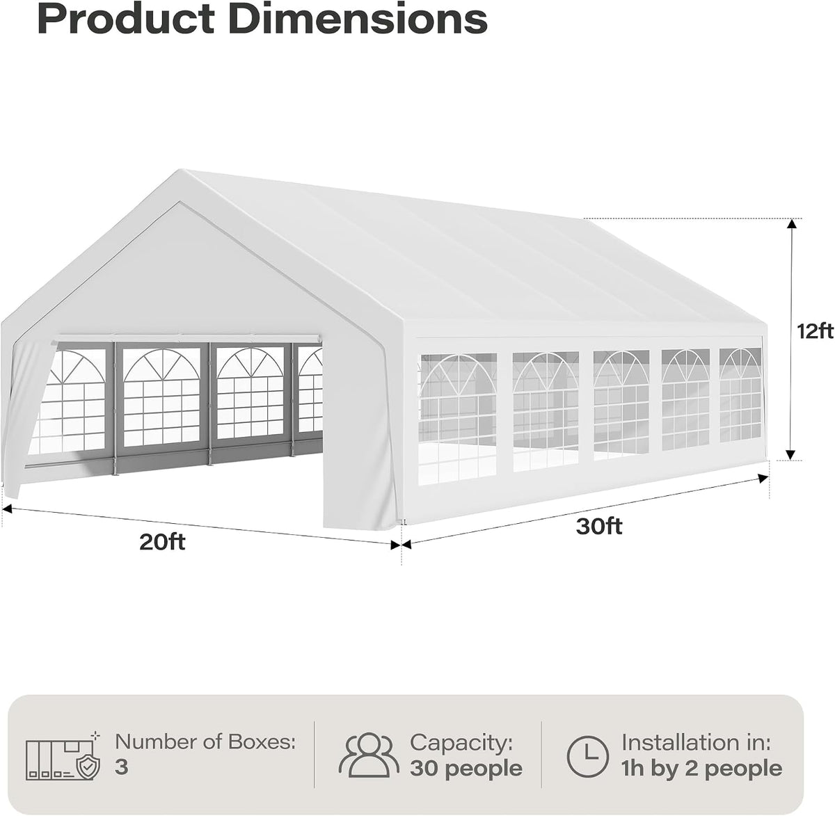 LAUSAINT HOME 20x30 Party Tent, Heavy Duty Waterproof Canopy with Removable Sidewalls & Roll-Up Door, Large White Event Shelter with Steel Frame for Wedding, Backyard, BBQ, Camping, for 35–60 People
