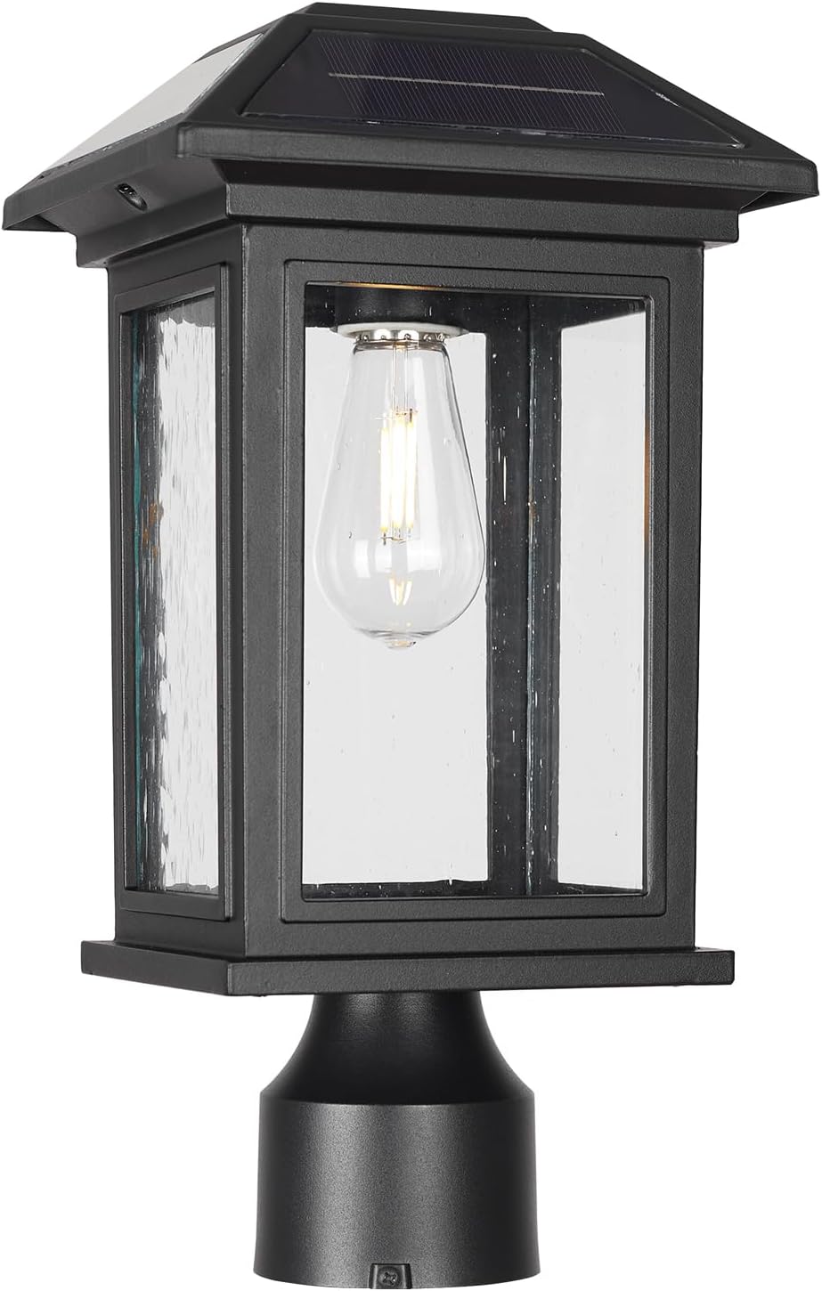Solar Post Lights Outdoor, Waterproof Anti-Rust Black Pole Light Fixtures with Clear Glass, LED Solar Powered Lamp for Garden, Front Yard, Porch, Garage, and Patio (Bulb Included)