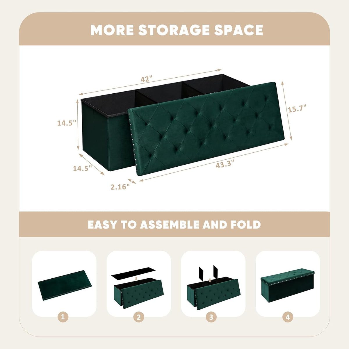 PINPLUS Folding Storage Ottoman Bench, Green Velvet