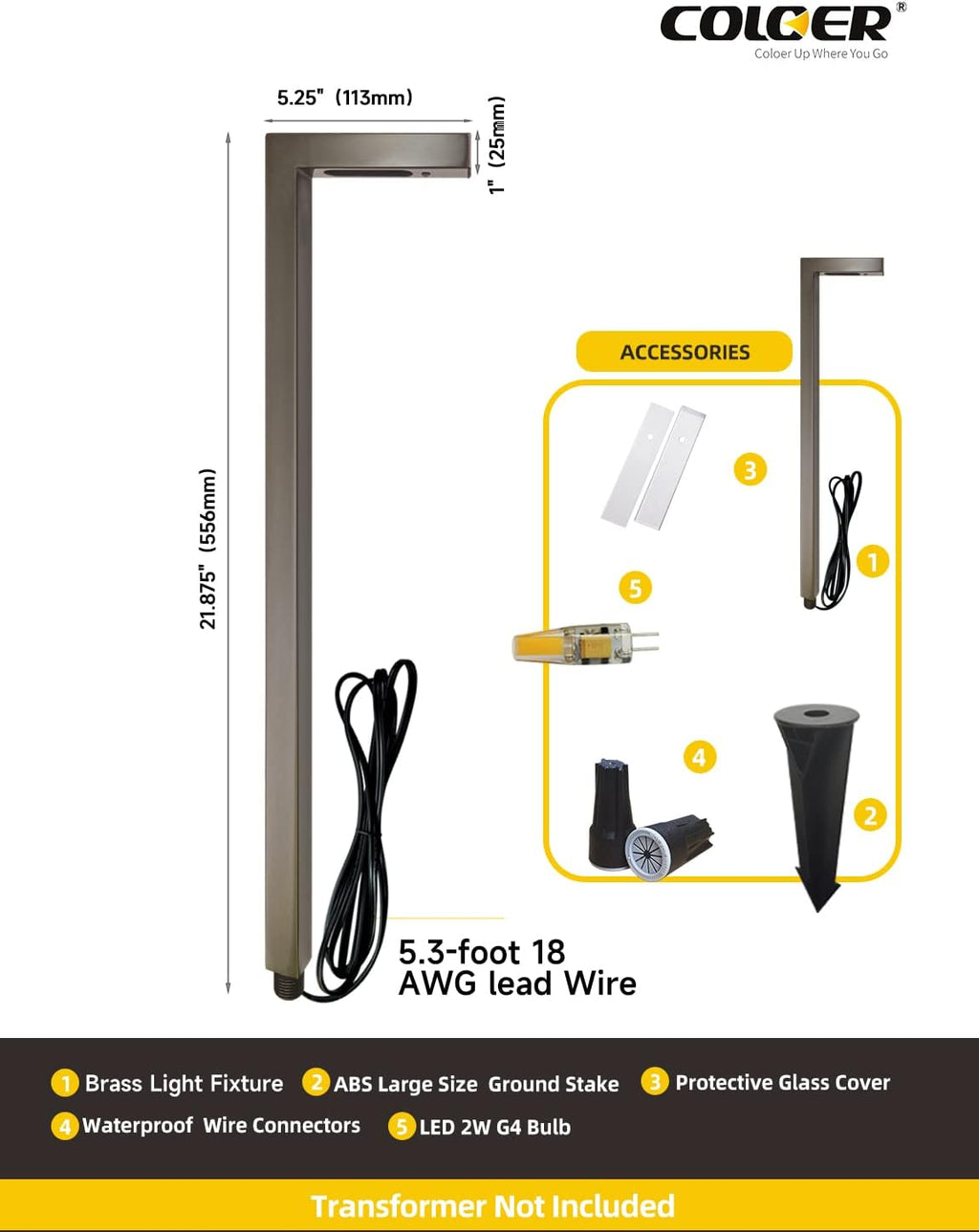 COLOER Brass Low Voltage Garden Lights 1-Pack with 3W LED G4 Bulb(603B)