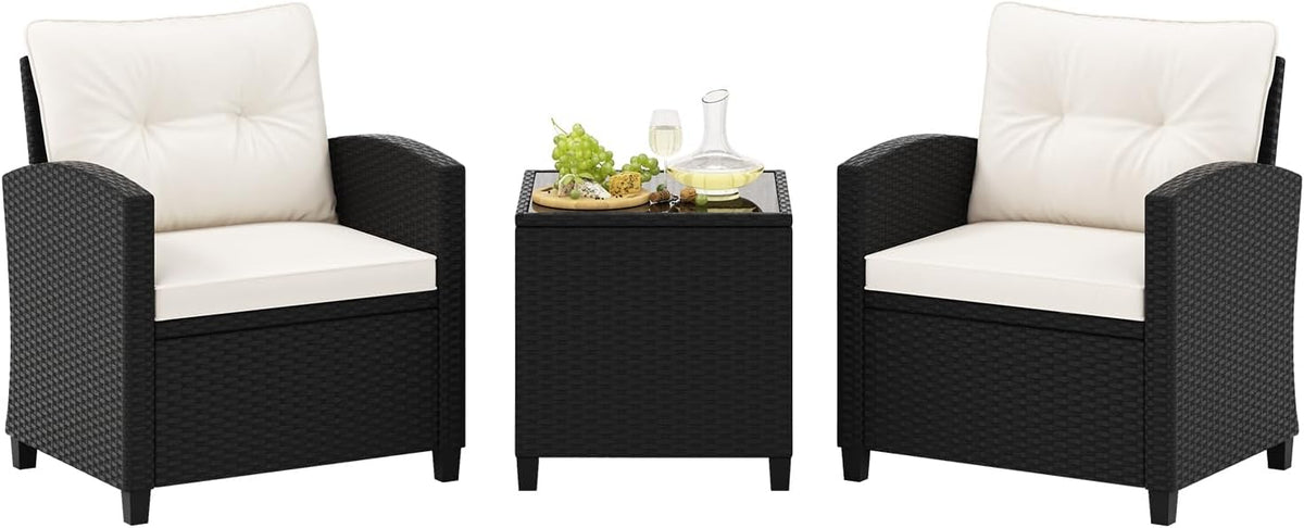 Tangkula 3 Piece Patio Furniture Set, Rattan Conversation Set w/Soft Seat & Back Cushions, Tempered Glass Topped Coffee Table, Cushioned Wicker Seating Set for Backyard, Porch, Poolside (Off White)