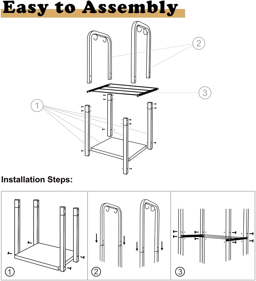 2-Tier Fireplace Firewood Rack Holder for Indoor Outdoor, Small Fire Wood Holder Log Storage Stacker Stand for Patio, Black(Without Wheels)