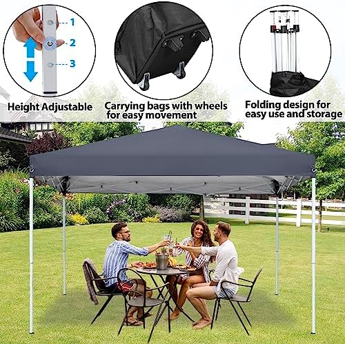 LEMY 10 x 10 FT Pop-Up Foldable Canopy Tent Pre-Assembled Adjustable Lightweight Heights Instant Waterproof Shelter with Wheeled Carry Bag (Grey)