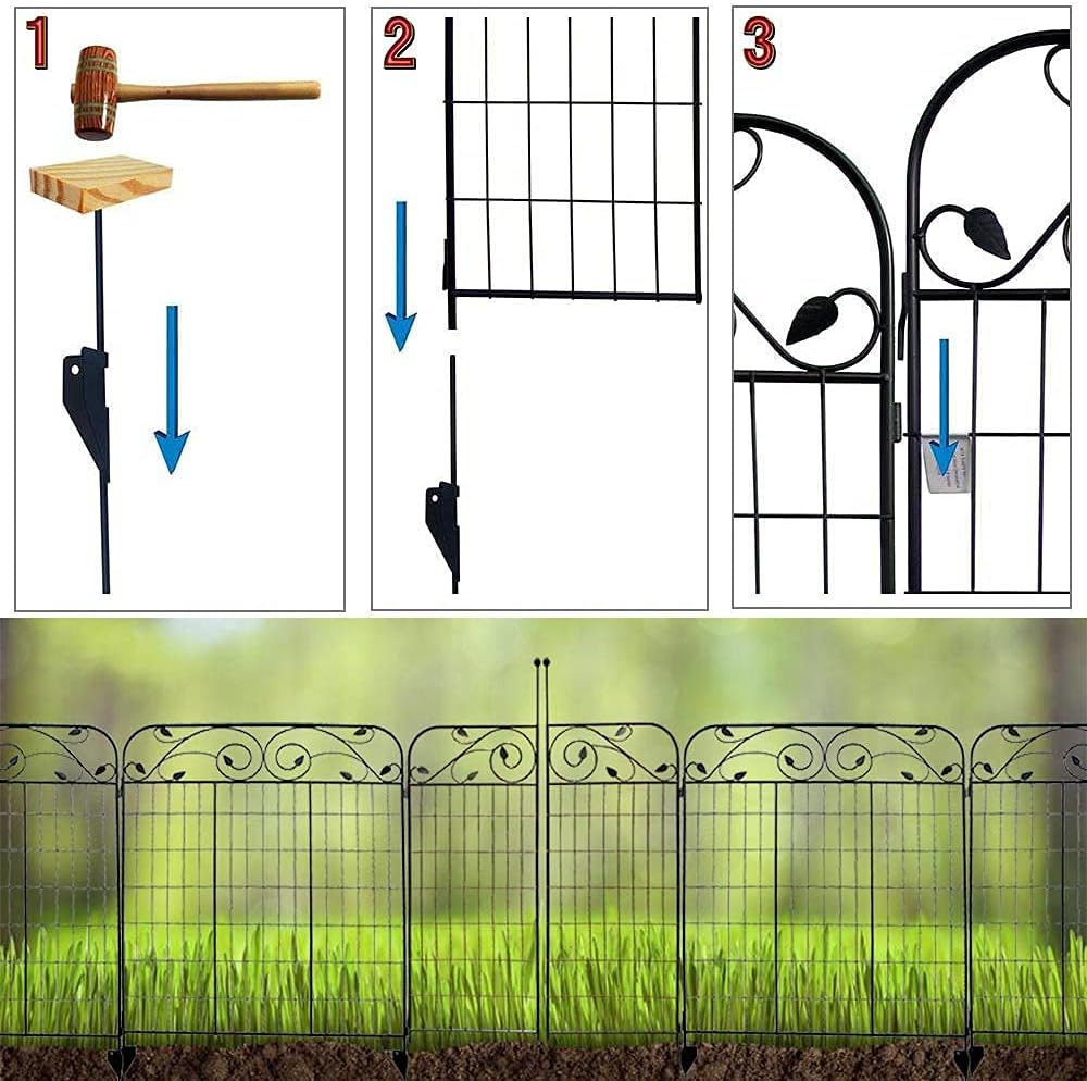 1 Pack 44 Inches x 36 Inches Black Coated Steel Decorative Garden Fence Gate with 8 Leaves, Heavy Duty Metal Wire Border Gate
