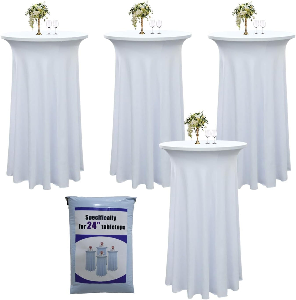 4 Pack 24"x43" White Spandex Cocktail Table Skirt, Fits 24" Round Tables
