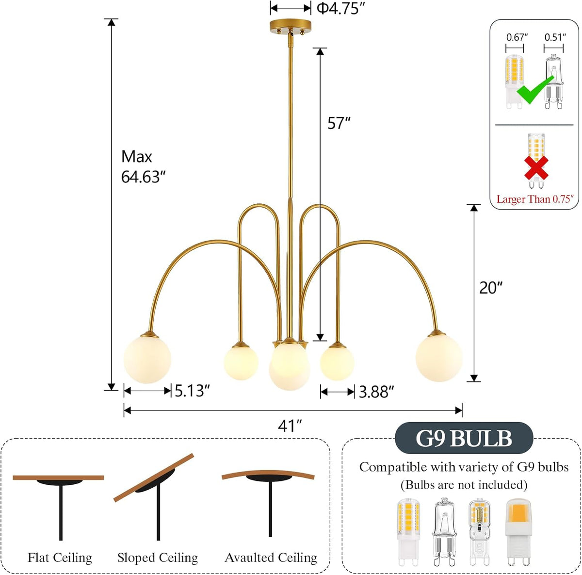 Modern Sputnik Chandelier 6-Light Gold Chandelier for Dining Room L41’’ Large Mid Century Pendant Light Fixture with Milk Glass Globe Shades for Living Room Bedroom
