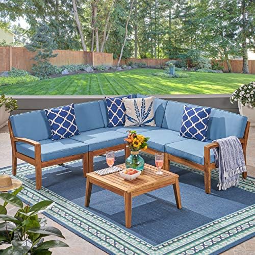 Great Deal Furniture Noble House Grenada Outdoor Acacia Wood 5 Seater Sectional Sofa Set Teak/Blue