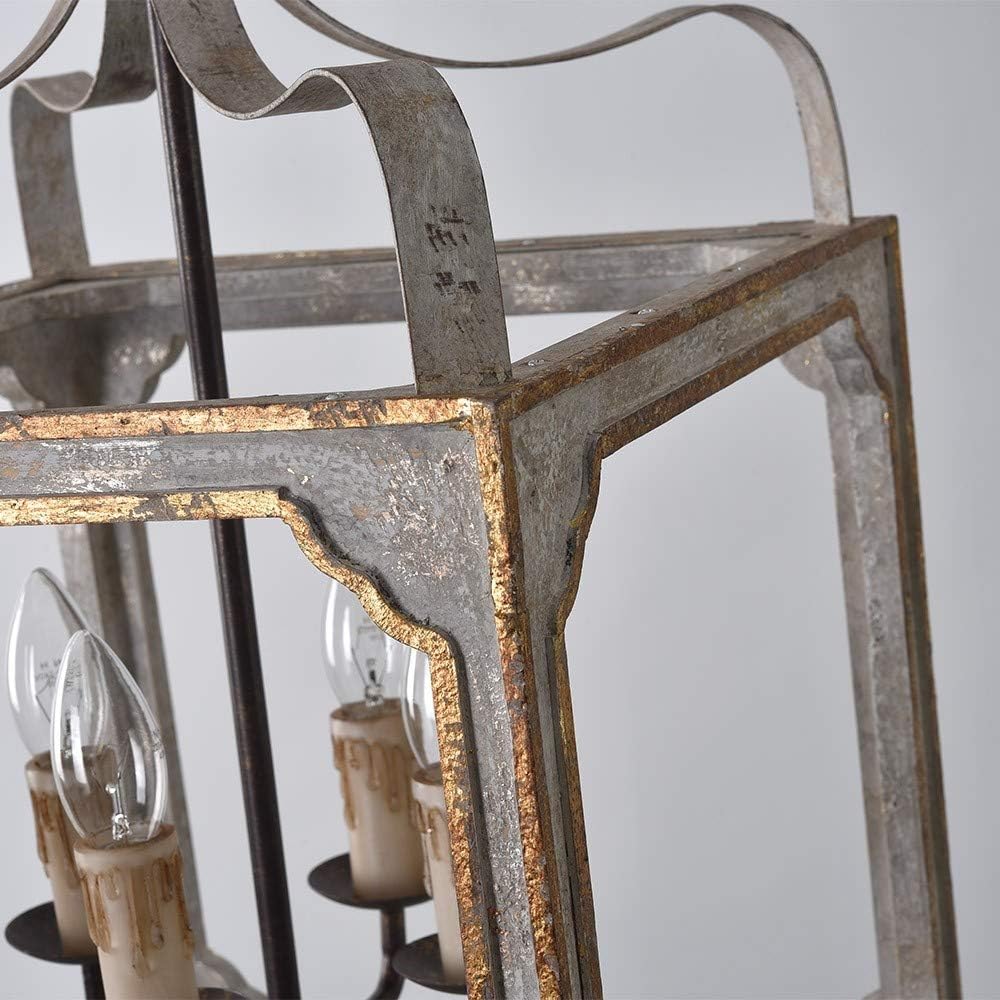 LOVEDIMA French Country Chandelier 4-Light Lantern Pendant Lighting Square Wood Metal Chandeliers Hanging Light Ceiling Light Fixtures in Antique Gray & Antique Gold