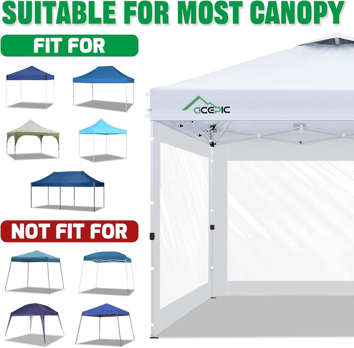 ACEPIC 10x10ft Clear Sidewalls for Canopy,Black(3PCS, No Frame or Top)