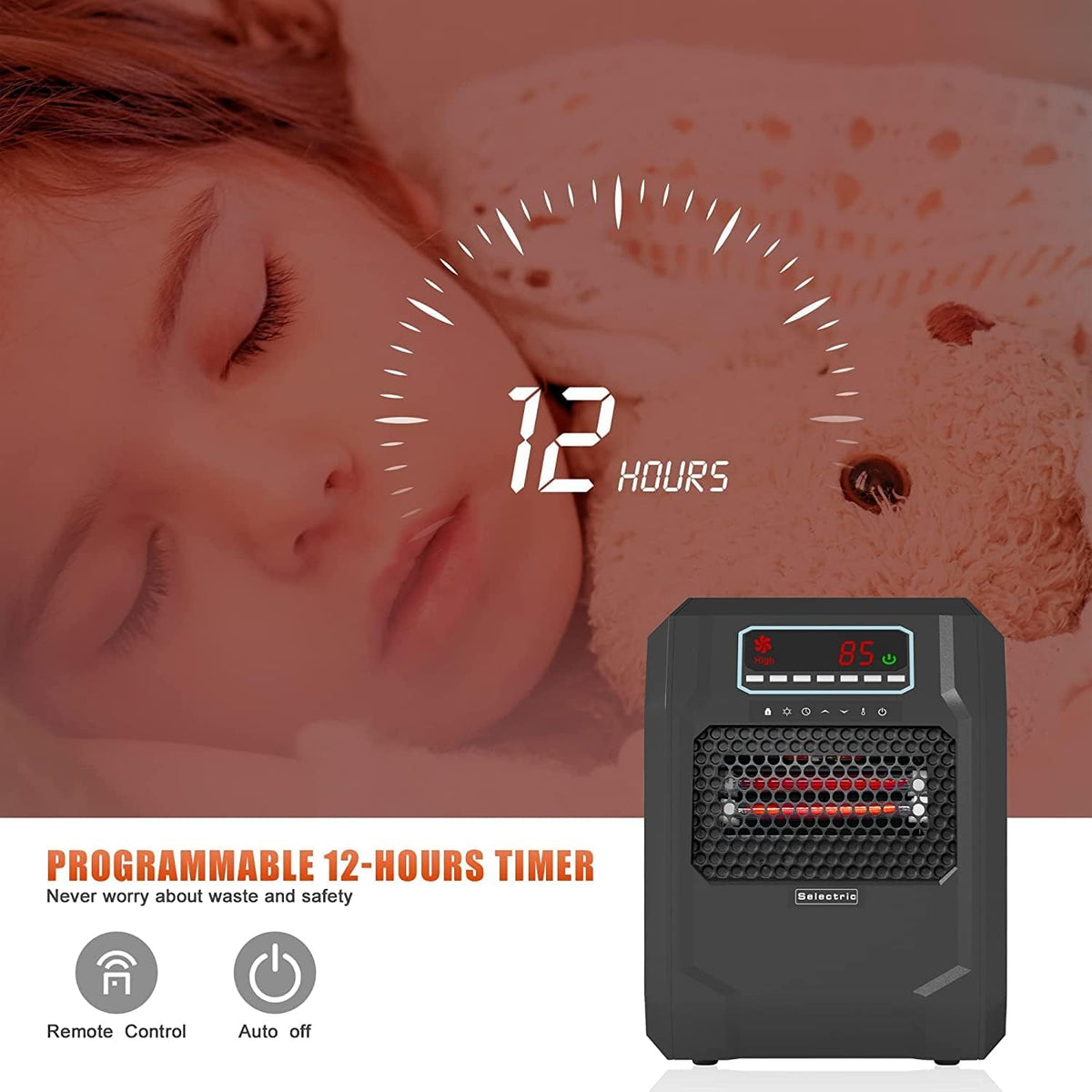 VOLTORB Freestanding Portable Electric Space Heater for Bedroom or Indoor Use with LED Display, Remote Control, and Fan Only Mode, Black