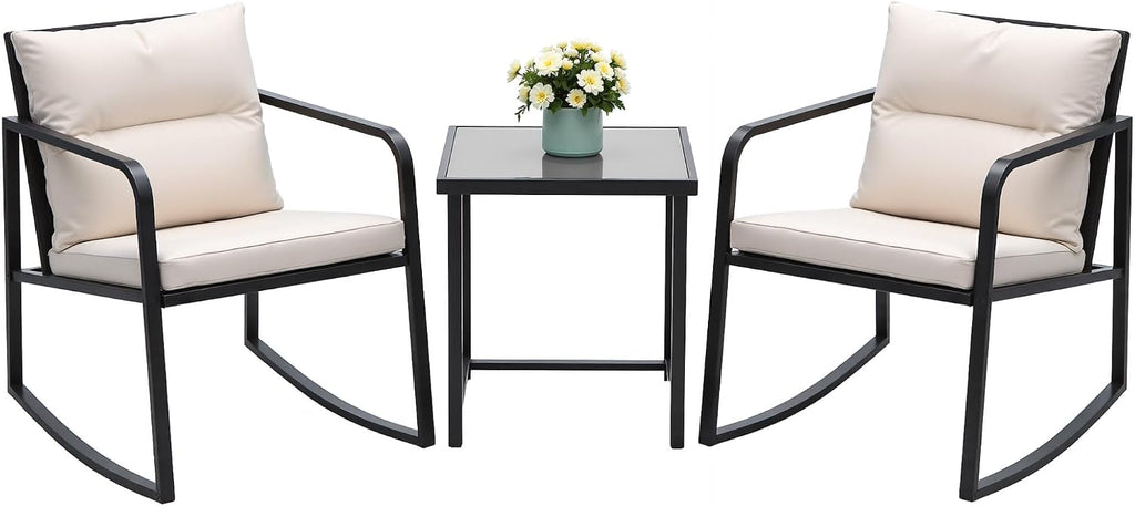 Devoko 3 Pieces Patio Furniture Set Wicker Outdoor Rocking Bistro Chair