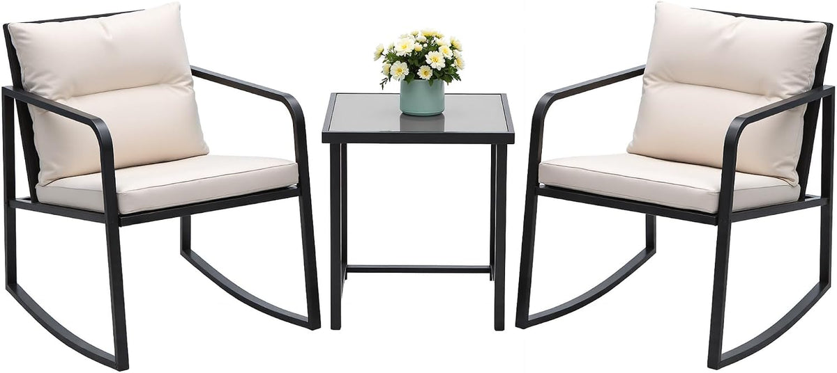 Devoko 3 Pieces Patio Furniture Set Wicker Outdoor Rocking Bistro Chair