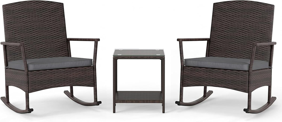 ORALNER 3 Pieces Patio Rocking Chair, Wicker Bistro Set w/Cushions (Gray)