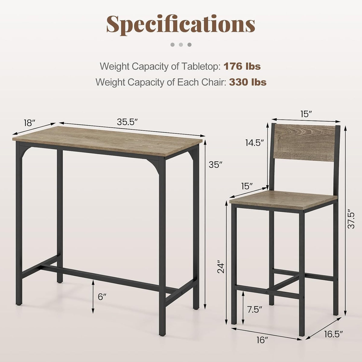 Tangkula 3 Piece Counter Height Bar Table Set, Pub Table and Chairs Set of 2, High Top Console Table with Stools for 2, Space-Saving Dinette Set for Breakfast Nook (Grey)