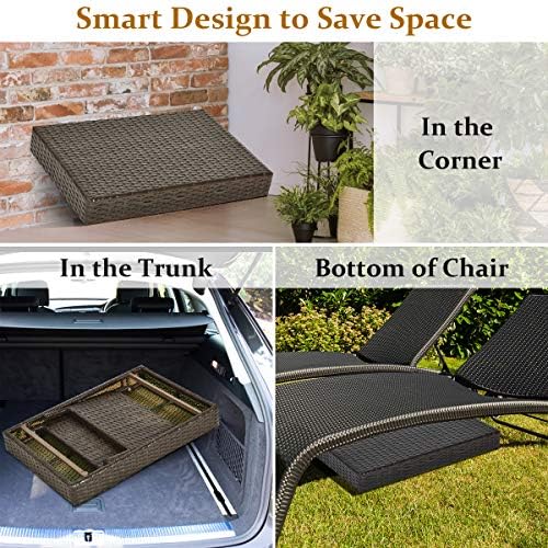 LDAILY Outdoor Side Table, Portable Wicker Coffee Table with Rattan and Steel Frame, All Weather Pre-Assembled Coffee Furniture, Standing Folding Patio for Courtyard, Poolside, Garden (Brown)