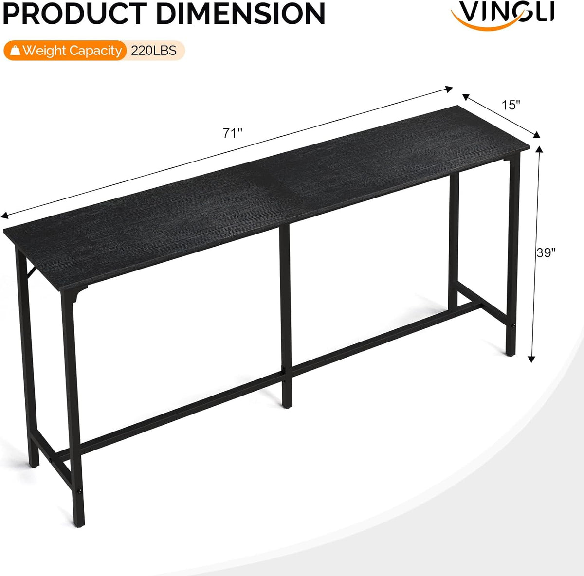 VINGLI 71 Inch Bar Table, Rectangular Counter Height Home Pub Table, Black