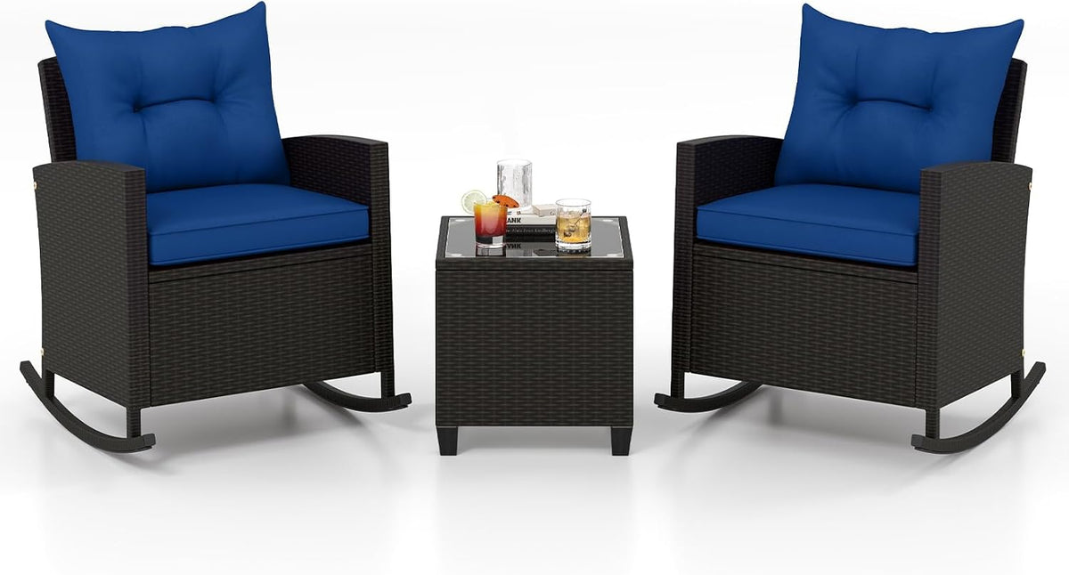 RELAX4LIFE 3-Piece Rocking Bistro Set - Rattan Wicker Rocking Chairs Set of 2 w/Soft Cushions, Glass Coffee Table, Outdoor Conversation Rocker for Porch Balcony, Small Patio Furniture (Brown-Navy)